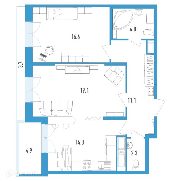 Продаётся 2-комнатная квартира, 72.3 м²