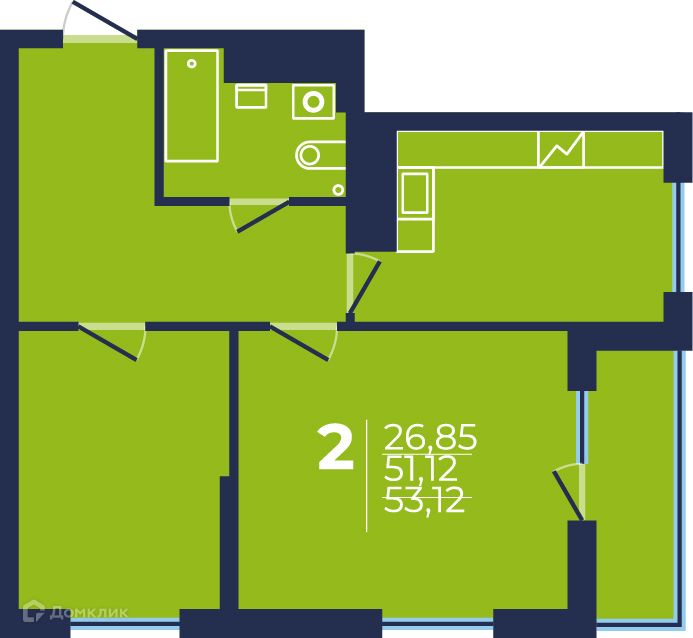 Продаётся 2-комнатная квартира, 53.3 м²