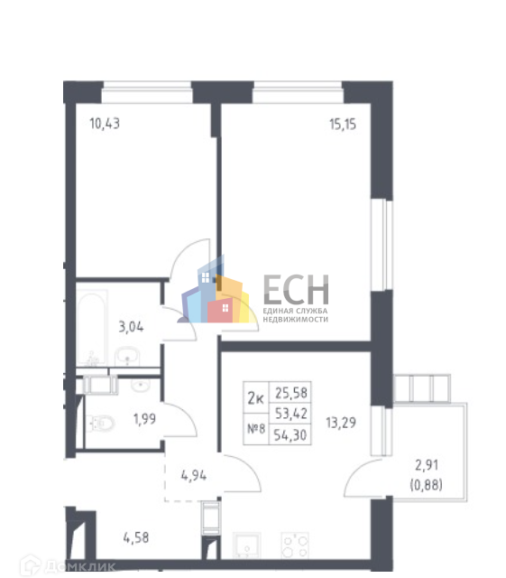 Продаётся 2-комнатная квартира, 54.3 м²