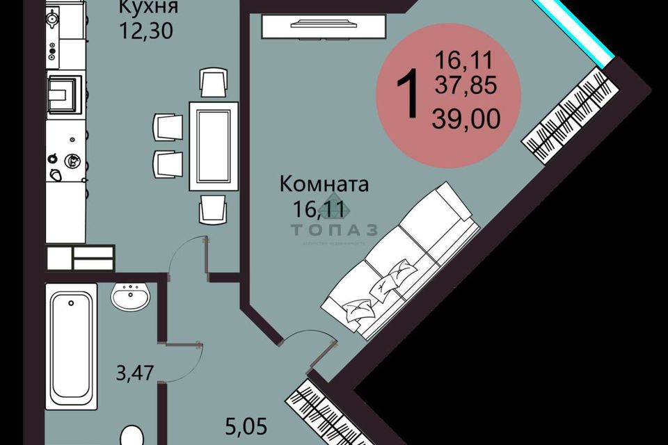 Продаётся 1-комнатная квартира, 39.29 м²