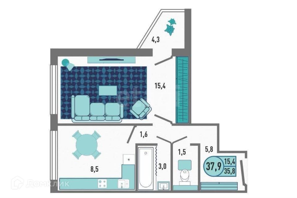 Сдаётся 1-комнатная квартира, 37.9 м²