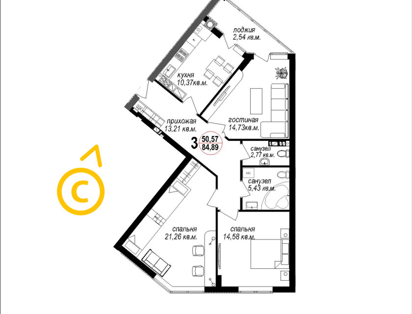 Продаётся 3-комнатная квартира, 85.6 м²