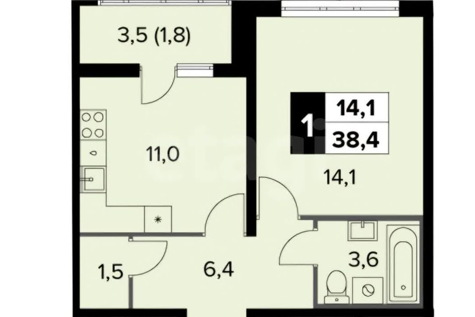 Продаётся 1-комнатная квартира, 38.4 м²