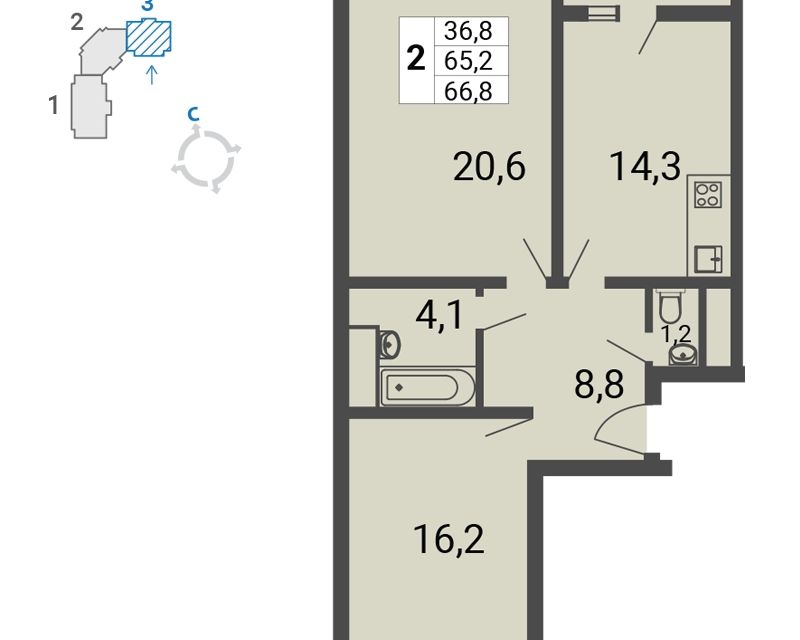 Продаётся 2-комнатная квартира, 66.8 м²