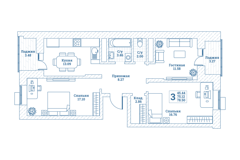 Продаётся 3-комнатная квартира, 78.9 м²