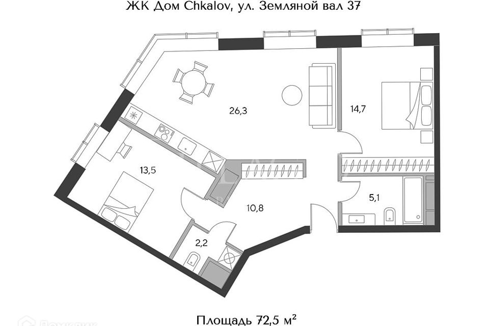 Продаётся 2-комнатная квартира, 72.5 м²