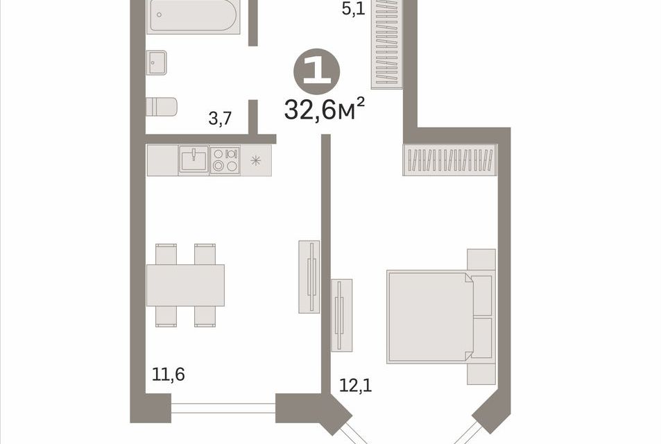 Продаётся 1-комнатная квартира, 32.6 м²