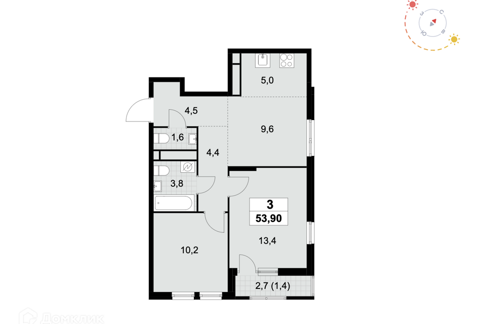 Продаётся 3-комнатная квартира, 53.9 м²