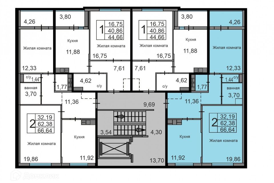 Продаётся 2-комнатная квартира, 66.64 м²