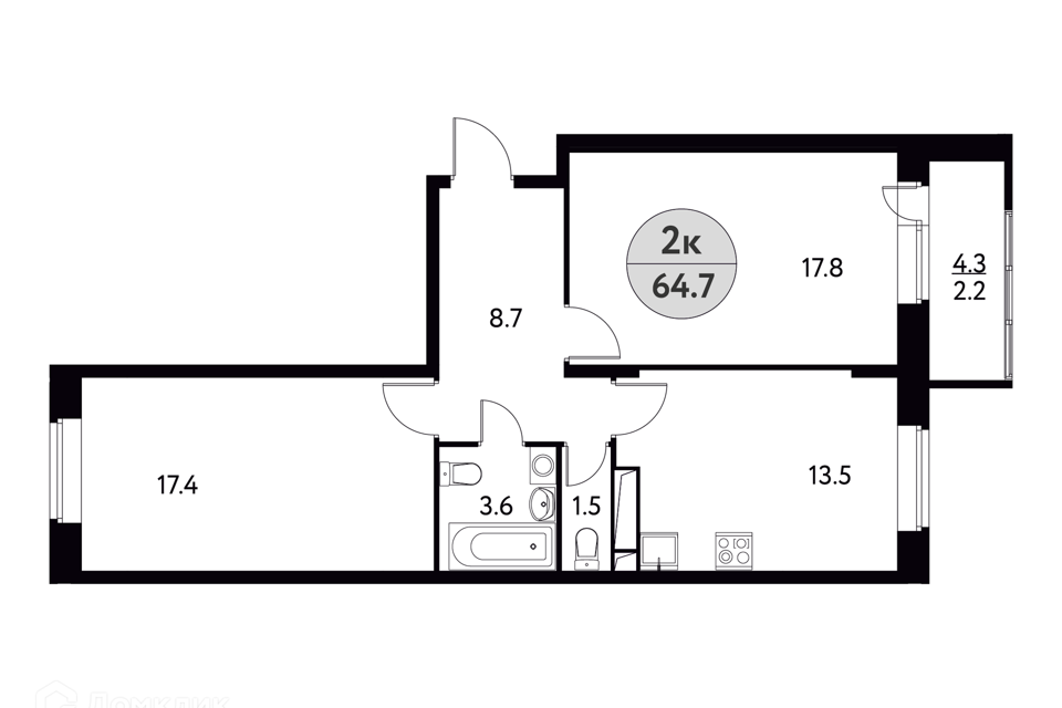 Продаётся 2-комнатная квартира, 64.7 м²
