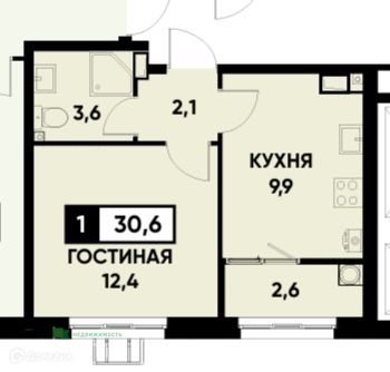 Продаётся 1-комнатная квартира, 30.6 м²