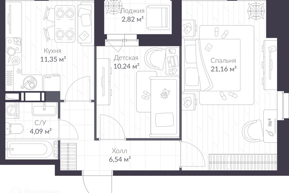 Продаётся 2-комнатная квартира, 55 м²