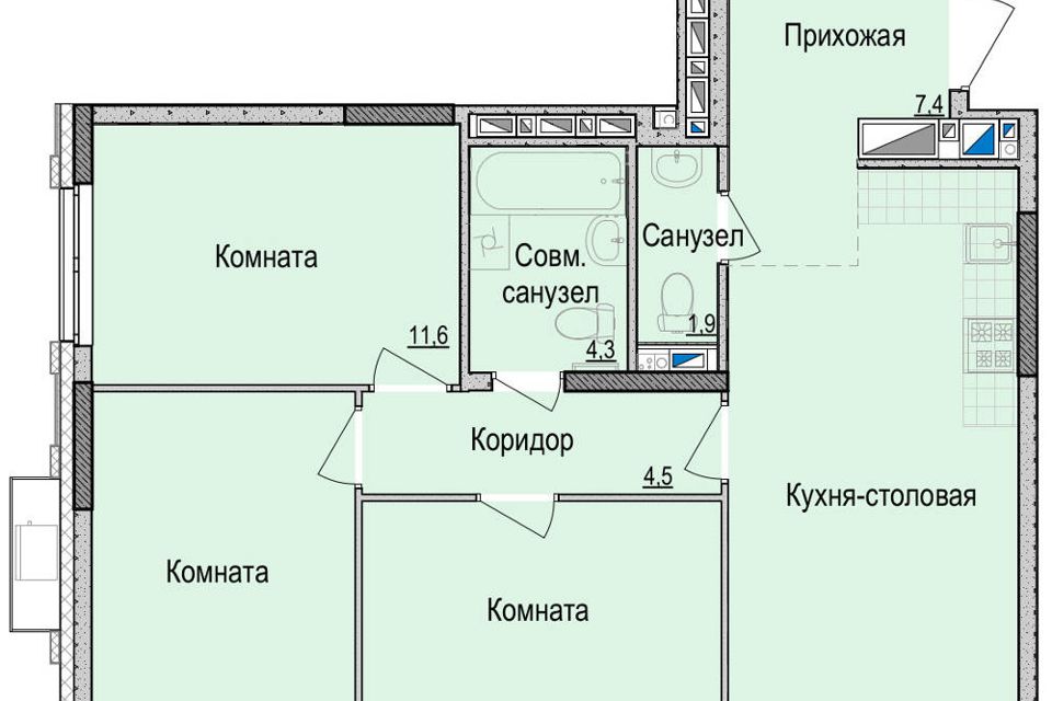 Продаётся 3-комнатная квартира, 71.5 м²
