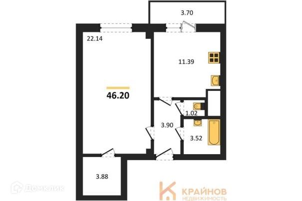 Продаётся 1-комнатная квартира, 46.2 м²