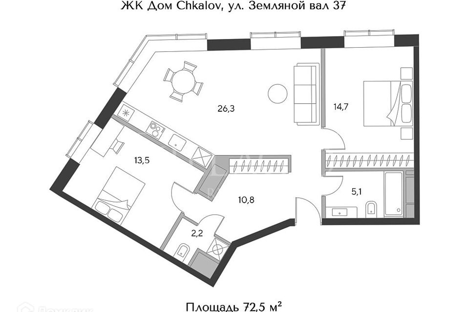 Продаётся 3-комнатная квартира, 72.5 м²