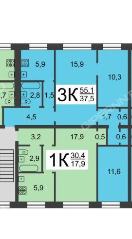 Продаётся 3-комнатная квартира, 55.4 м²