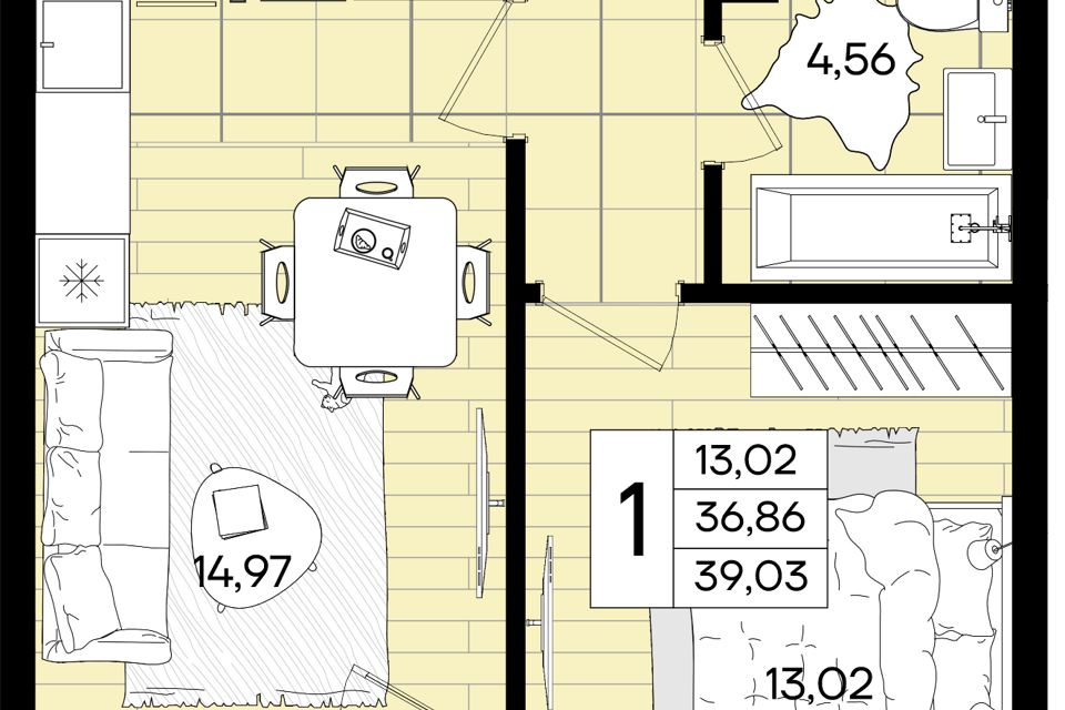 Продаётся 1-комнатная квартира, 39.03 м²
