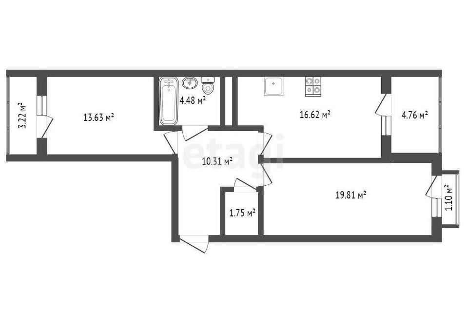 Продаётся 2-комнатная квартира, 70.92 м²