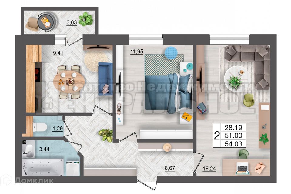 Продаётся 2-комнатная квартира, 54.03 м²