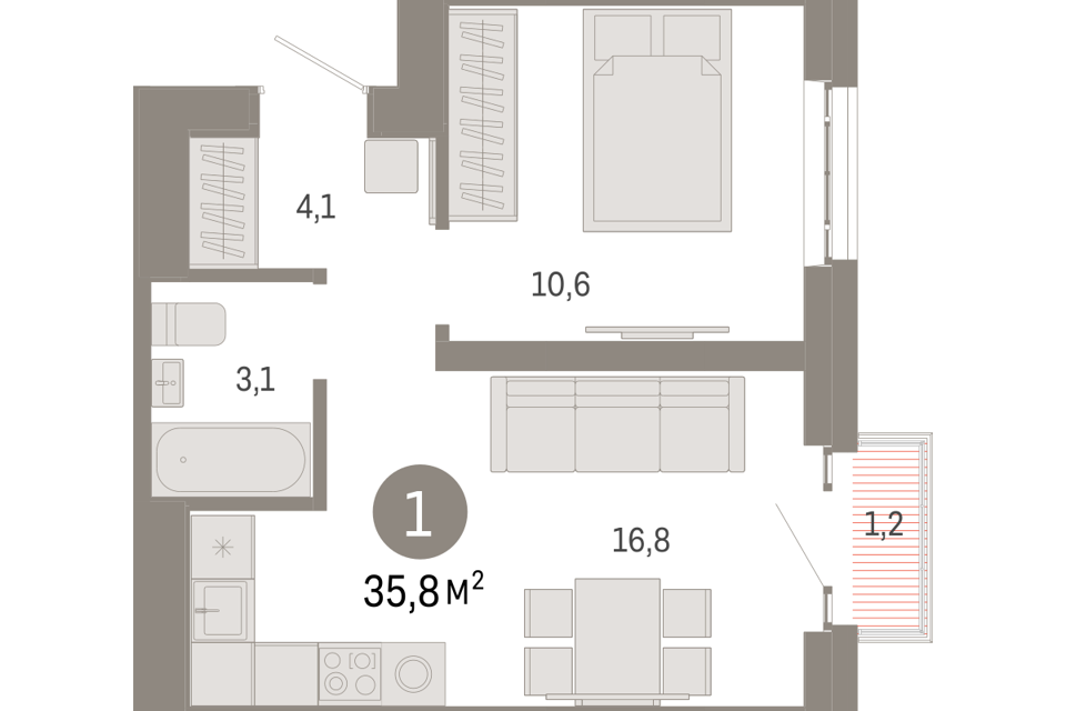 Продаётся 1-комнатная квартира, 35.8 м²