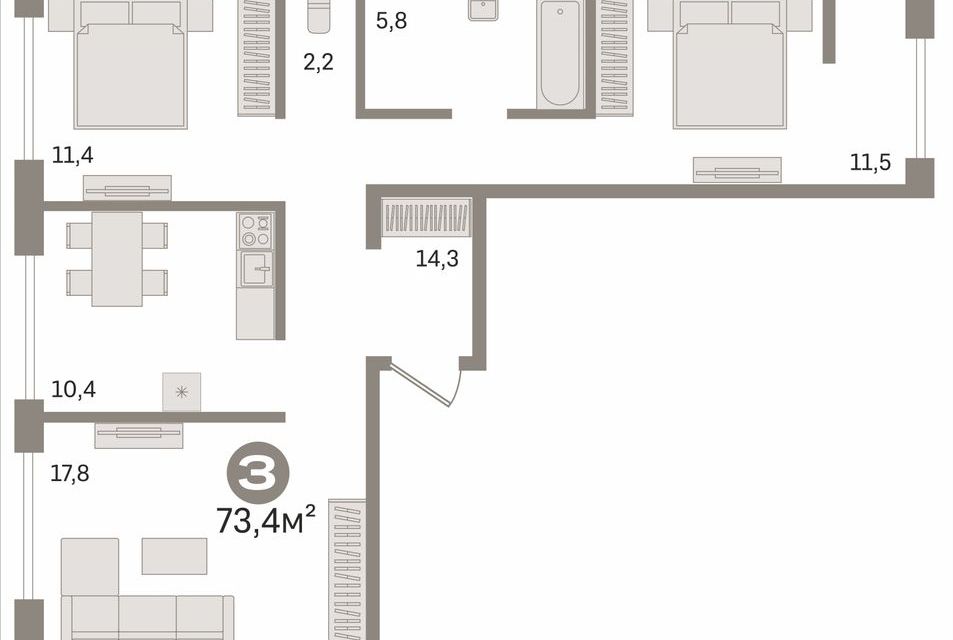 Продаётся 3-комнатная квартира, 73.4 м²