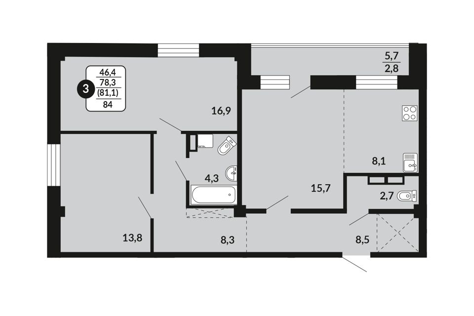 Продаётся 3-комнатная квартира, 81.1 м²