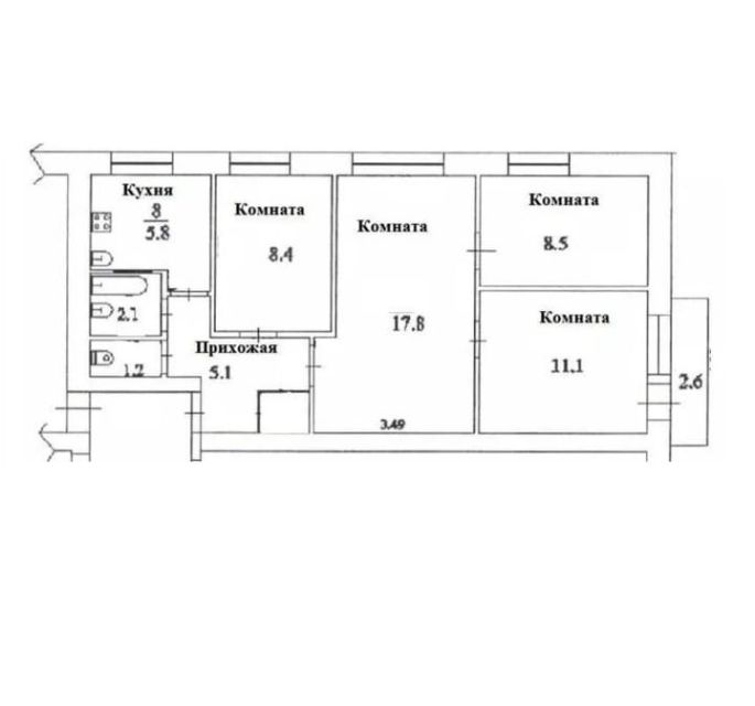Продаётся 4-комнатная квартира, 62.7 м²