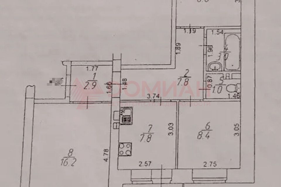 Продаётся 3-комнатная квартира, 55.9 м²