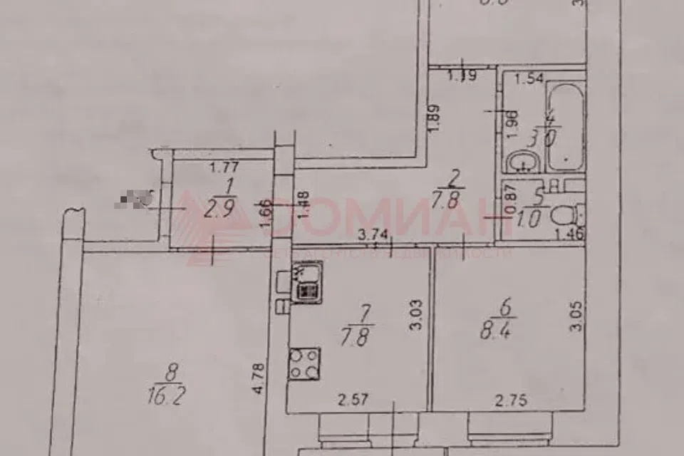 Продаётся 3-комнатная квартира, 55.9 м²