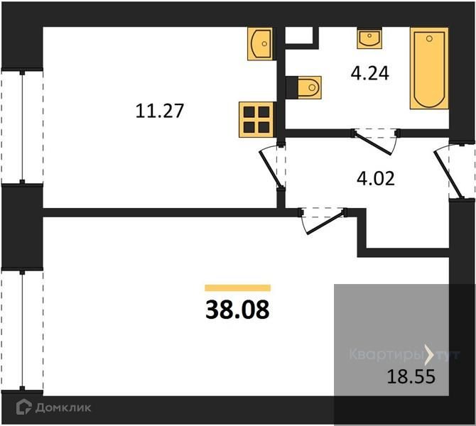 Продаётся 1-комнатная квартира, 38.08 м²