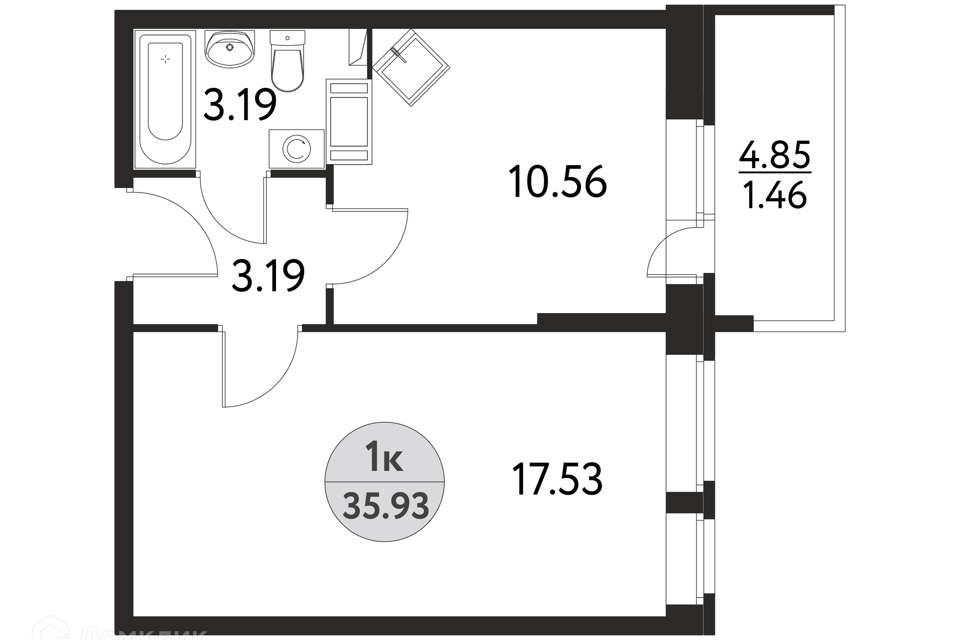 Продаётся 1-комнатная квартира, 35.93 м²