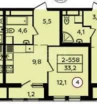 Продаётся 1-комнатная квартира, 33.2 м²