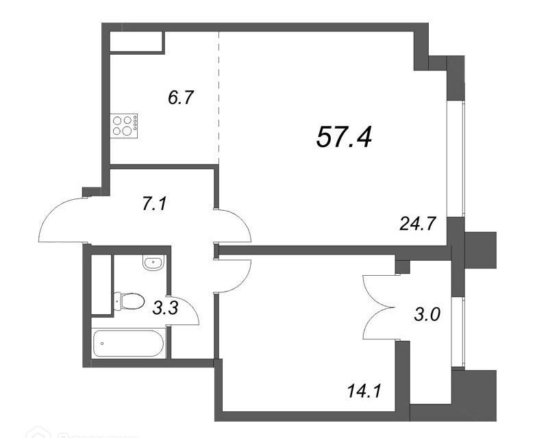 Продаётся 1-комнатная квартира, 57.4 м²