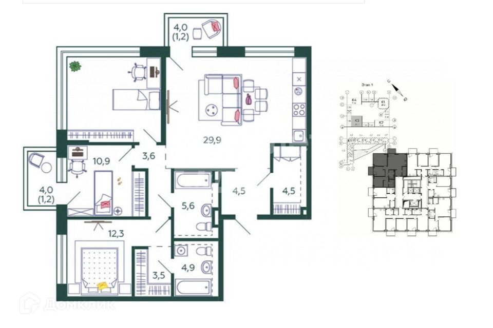 Продаётся 4-комнатная квартира, 99.1 м²