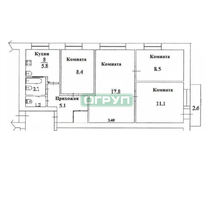 Продаётся 4-комнатная квартира, 62.7 м²