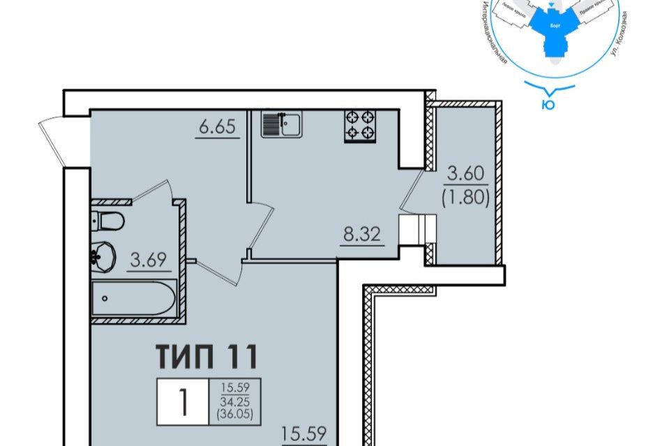 Продаётся 1-комнатная квартира, 36.05 м²