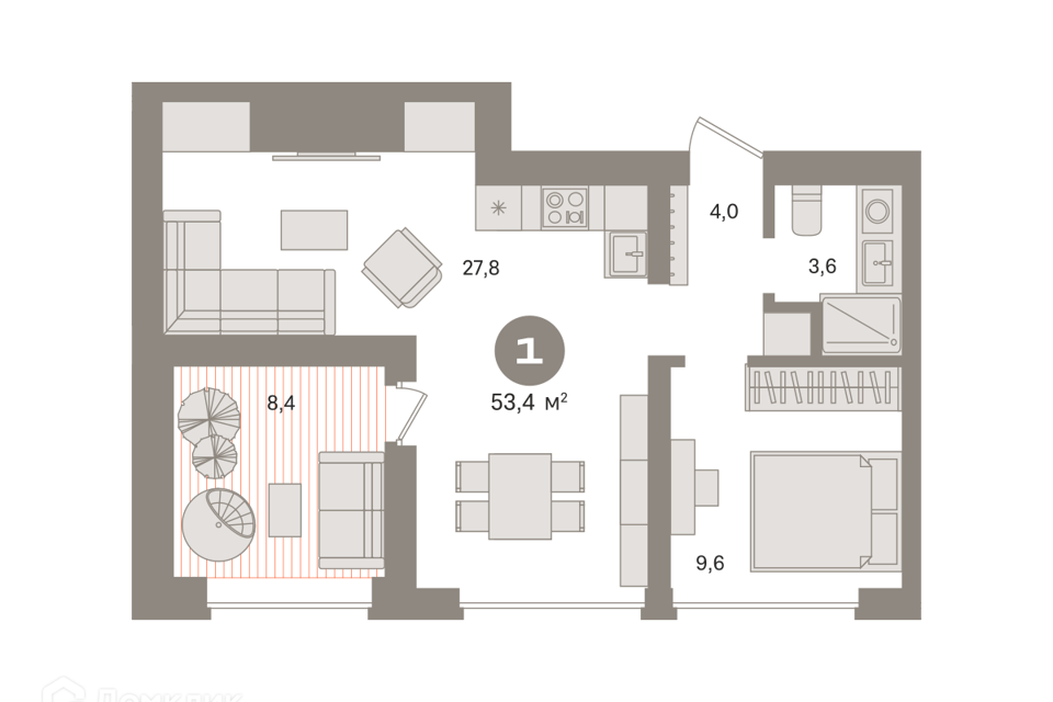 Продаётся 1-комнатная квартира, 54.1 м²