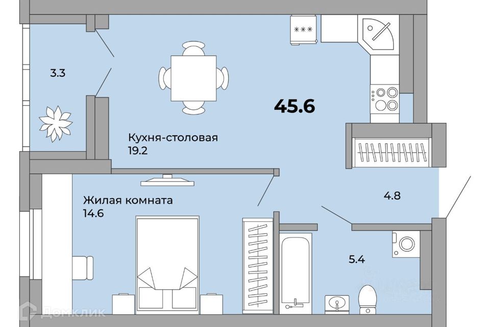 Продаётся 1-комнатная квартира, 45.5 м²