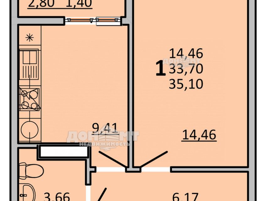 Продаётся 1-комнатная квартира, 35.1 м²