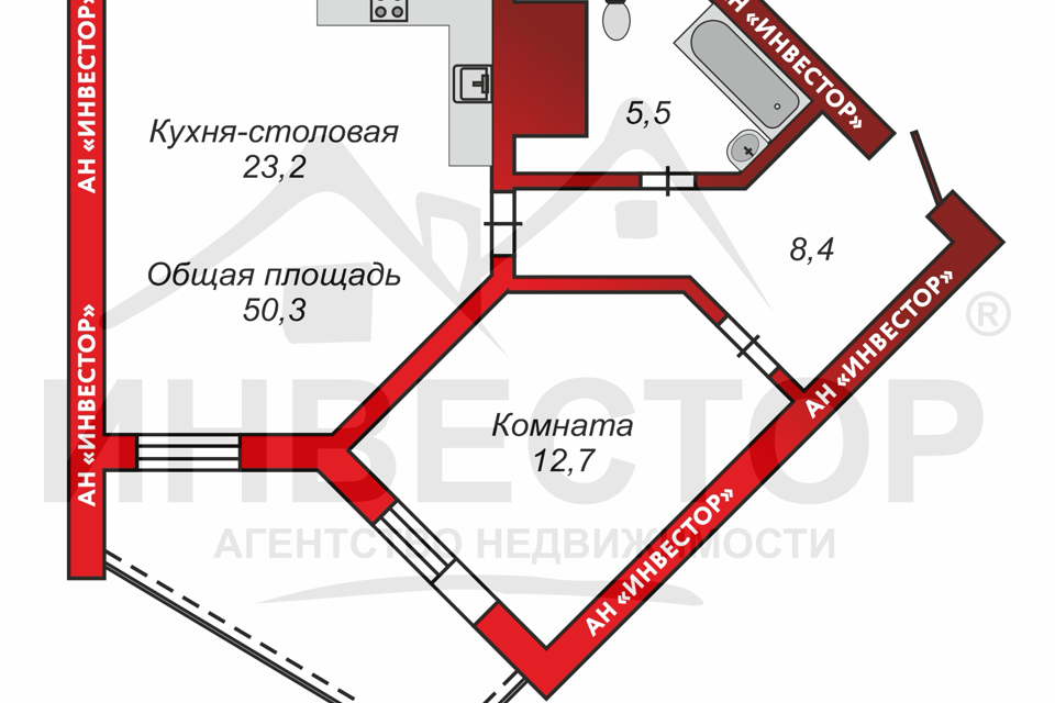 Продаётся 1-комнатная квартира, 50.3 м²