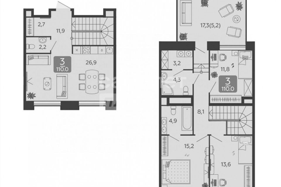 Продаётся 3-комнатная квартира, 110 м²
