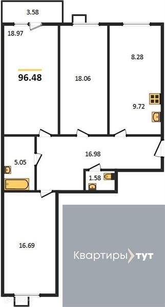 Продаётся 3-комнатная квартира, 96.48 м²