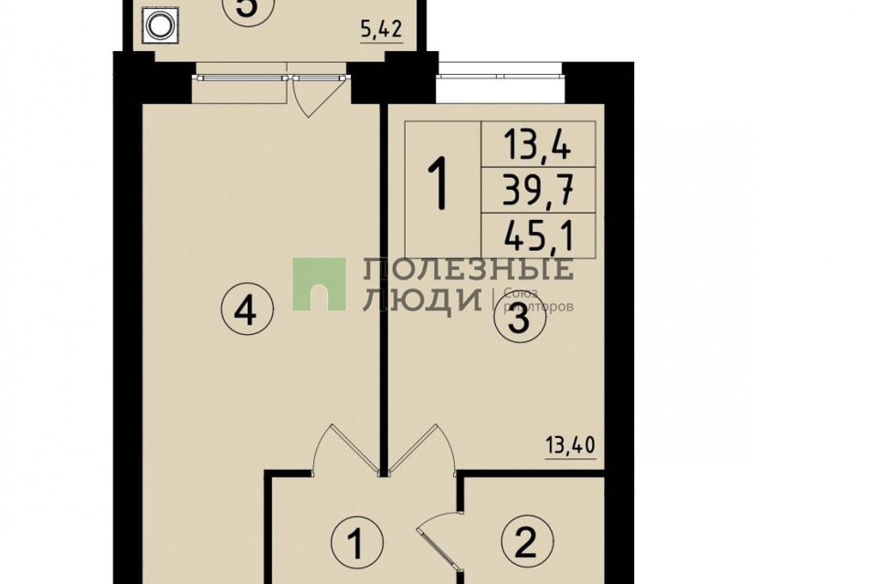 Продаётся 1-комнатная квартира, 45.1 м²