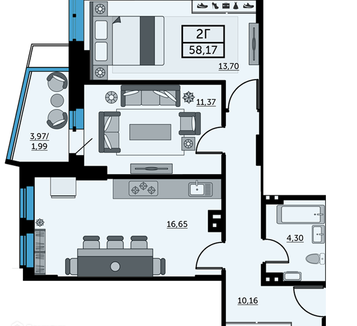 Продаётся 2-комнатная квартира, 57.93 м²