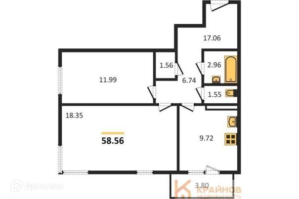 Продаётся 2-комнатная квартира, 58.56 м²