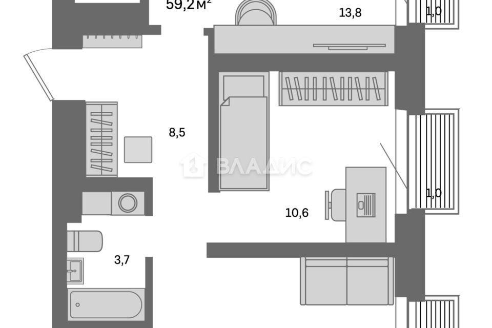 Продаётся 2-комнатная квартира, 59.2 м²
