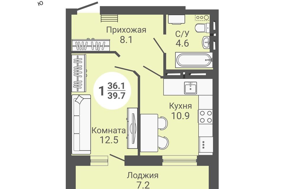 Продаётся 1-комнатная квартира, 39.7 м²