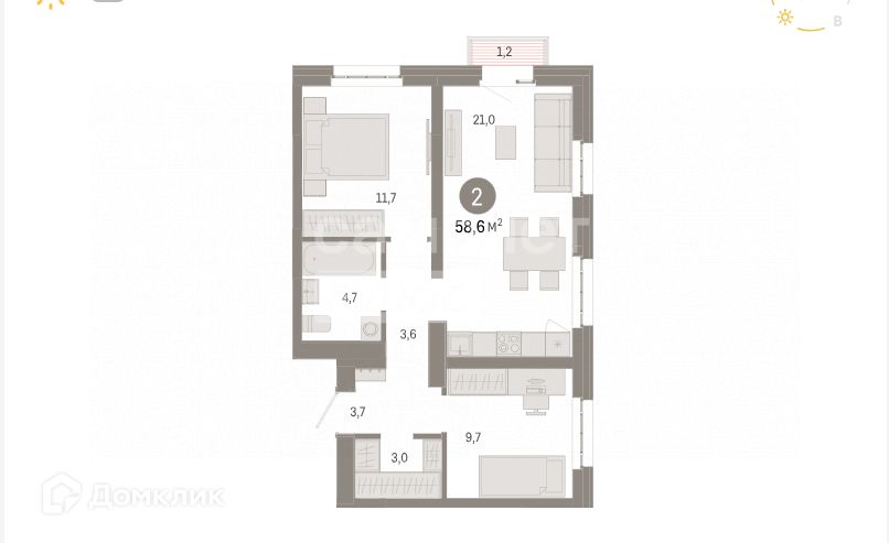 Продаётся 2-комнатная квартира, 58.6 м²