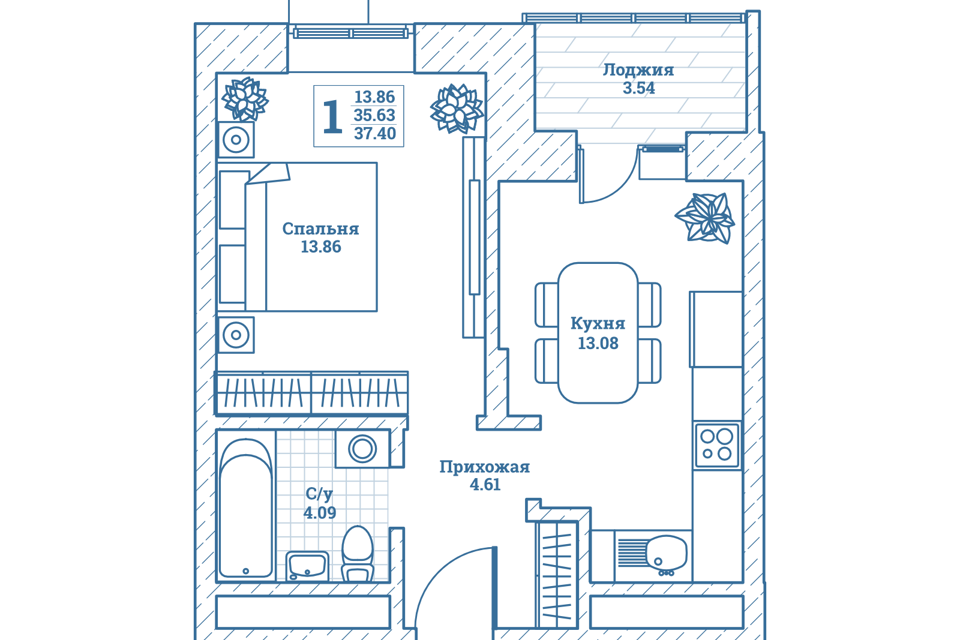 Продаётся 1-комнатная квартира, 37.7 м²