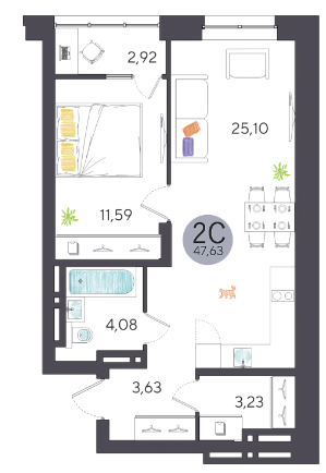 Продаётся 2-комнатная квартира, 47.63 м²